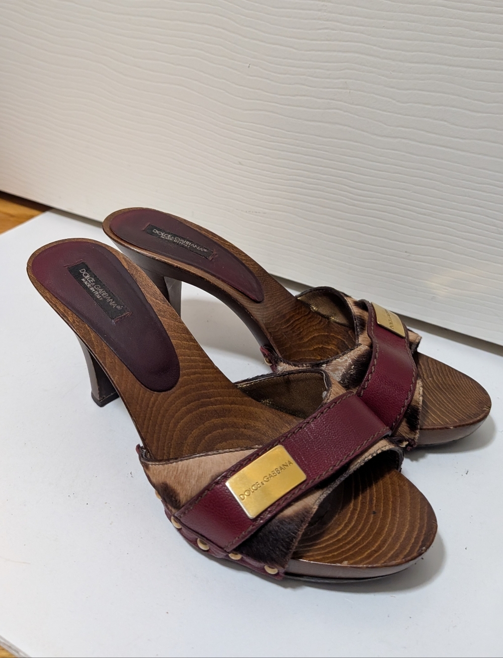 Dolce & Gabbana Leopard Print Pony Hair Mule Heels Wood Size 39 Vtg Y2k